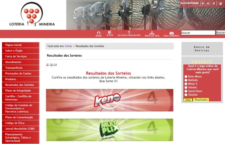 Reprodução da página inicial do site da Loteria Mineira