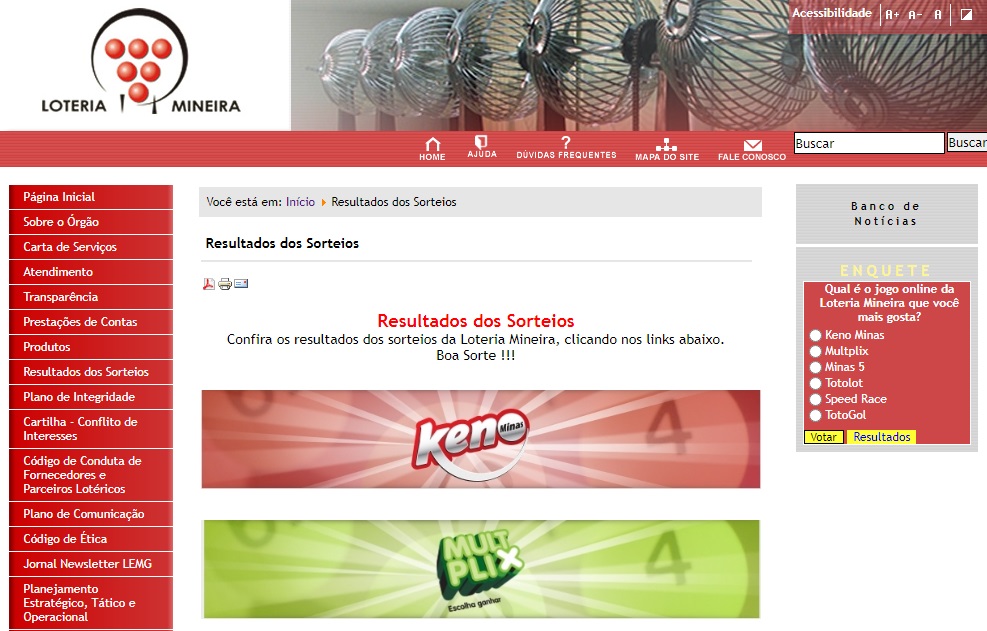 Reprodução da página inicial do site da Loteria Mineira