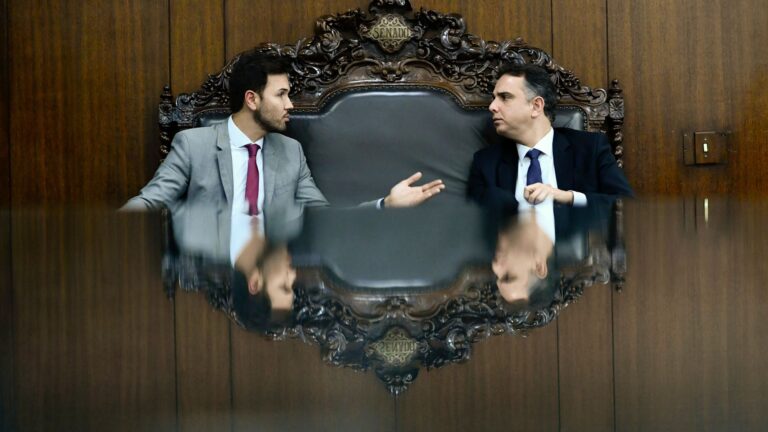 Tadeu Martins Leite e Rodrigo Pacheco são fotografados durante reunião.